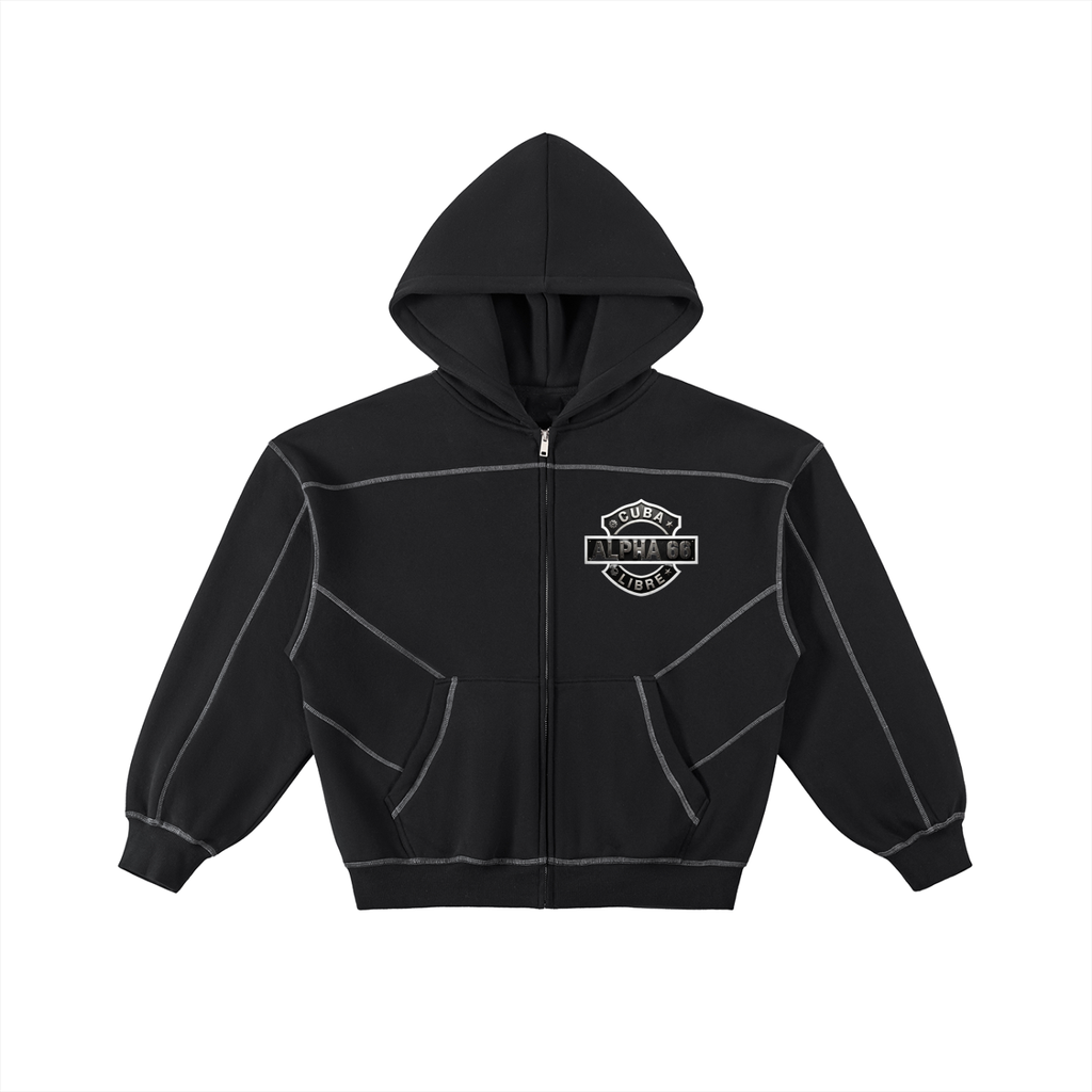 Contrast-Stitched Boxy Fleece Zip Hoodie